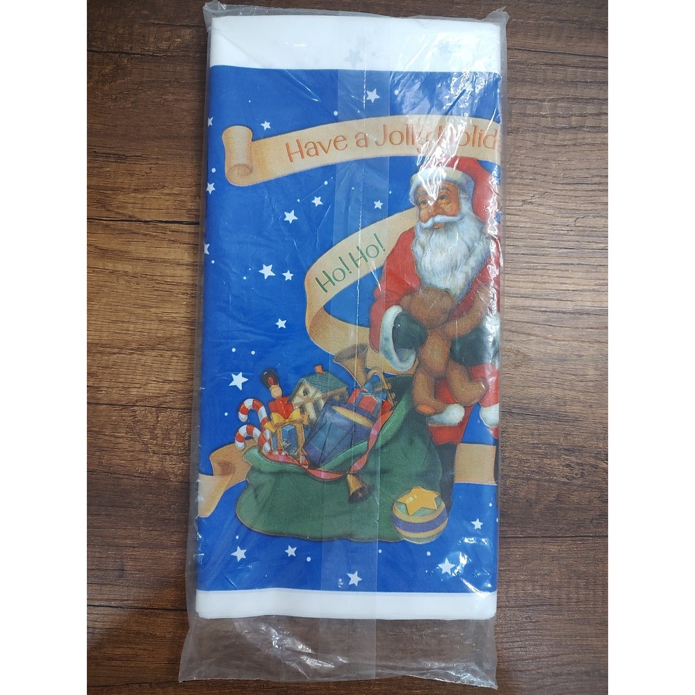 Vtg NIP American Greetings Christmas Plastic TableCover 54"x96" USA Santa A10